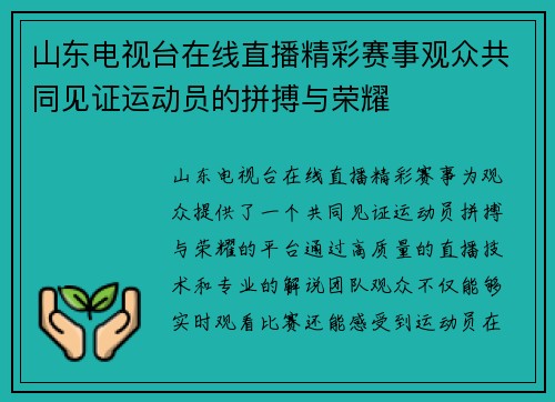 山东电视台在线直播精彩赛事观众共同见证运动员的拼搏与荣耀